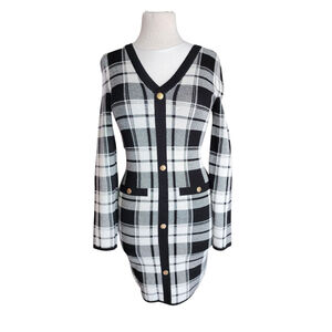 Love Always By FCT Black & White Plaid Stretch Knit Sweater Dress Women's L NWOT